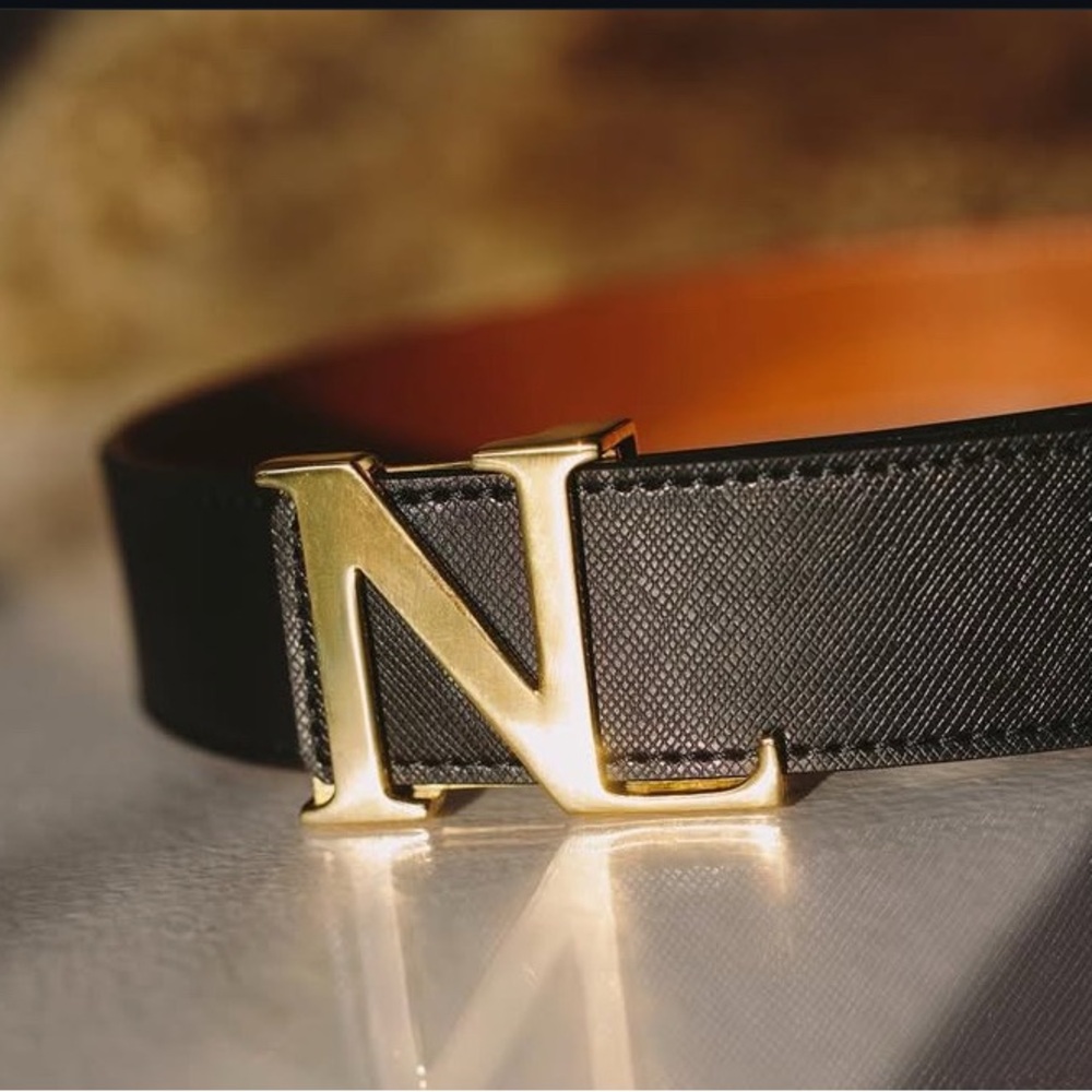 Nicole Lynel Black Leather Belt with Gold Buckle